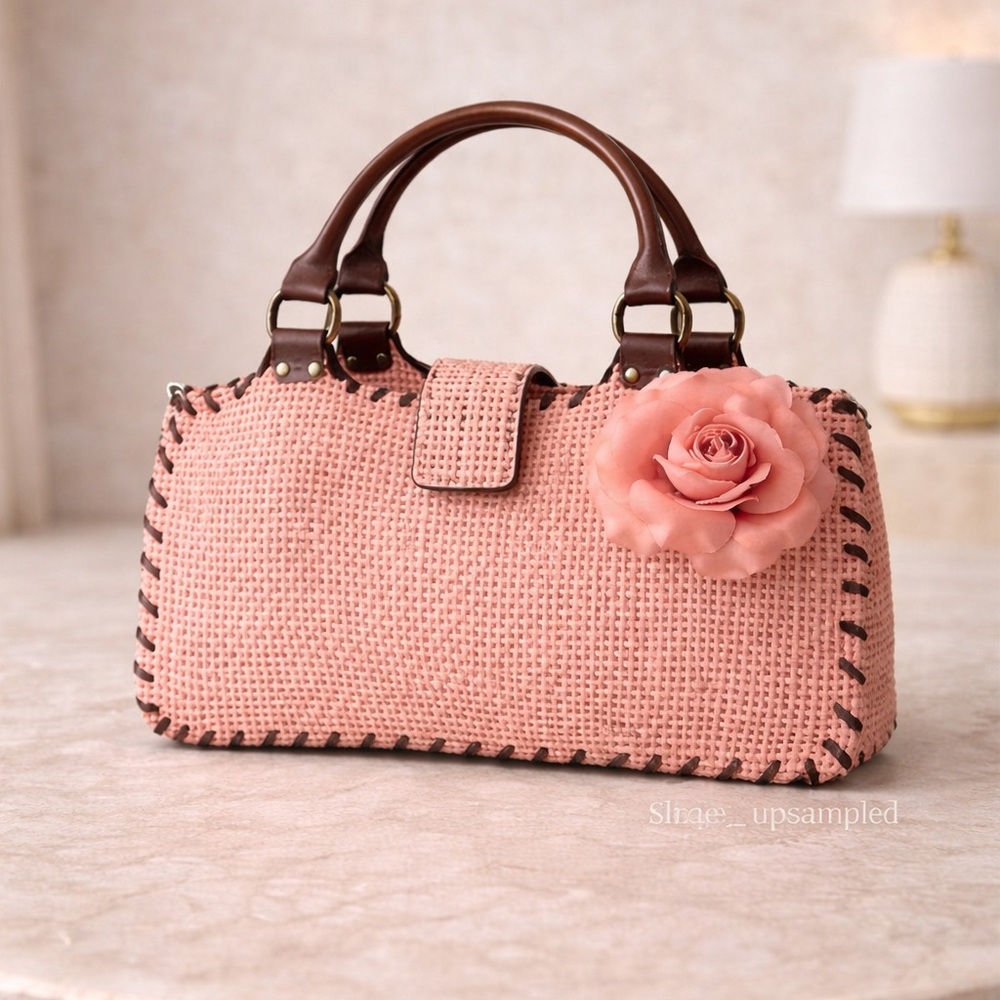 Blush Pink Woven Boutique Handbag Rose Detail Special Occasion Purse 12.5in - Picture 4 of 4